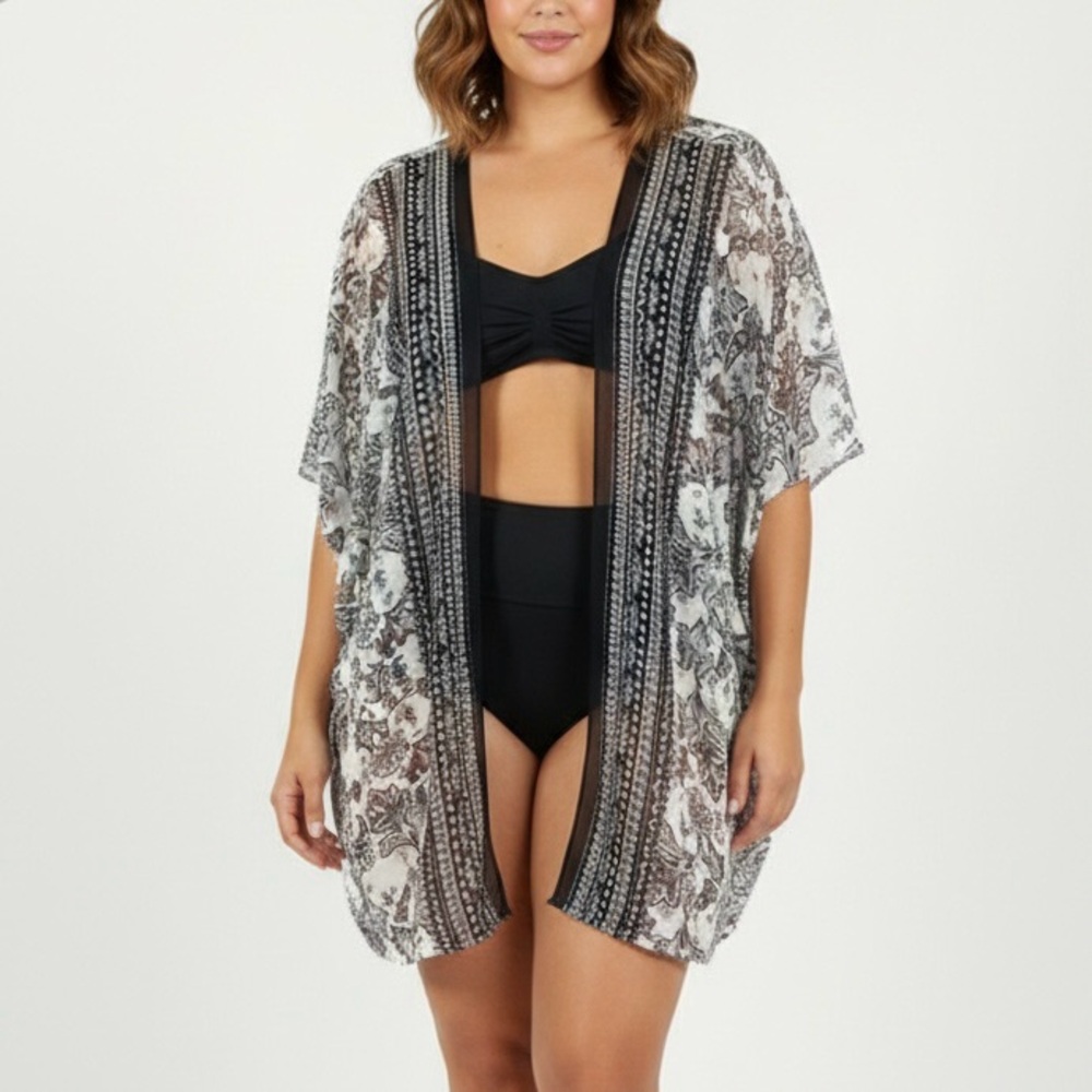 LANE BRYANT Swim Beach Kimono Cover Up Chiffon Overpiece Blue White Floral Plus